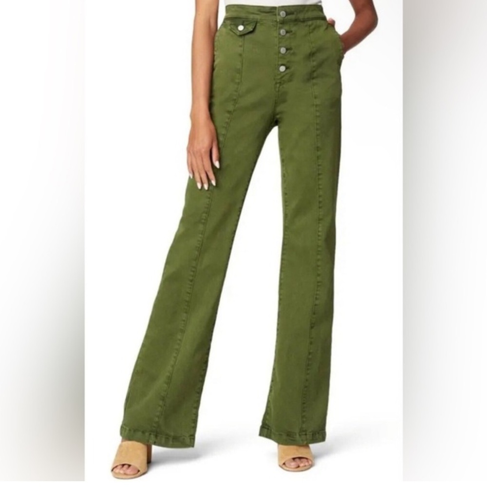 Blank NYC The Delancey Button Fly
High Waist Wide Leg Jeans in Olive Green